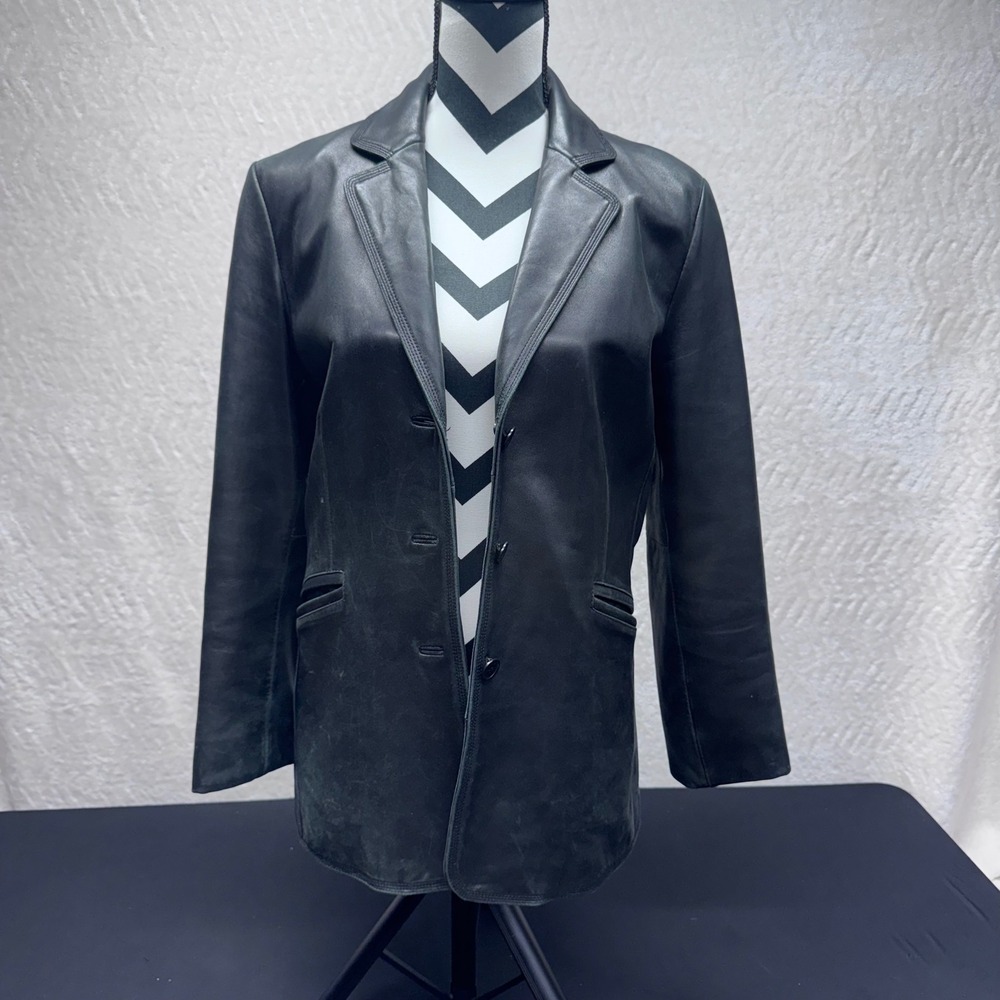 Kenneth Cole Reaction Womens Black Leather Blazer Jacket Size M 3-Button Coat